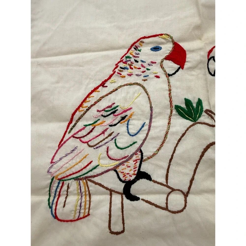 Vintage Hand Embroidered Parakeet Doily DresserScarf Crocheted Edge Cottagecore
